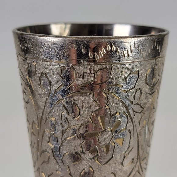 Etched Silver Plate Over Brass Cordial Cup Flute World Gift ZY India 5" set of 4 - Picture 4 of 7